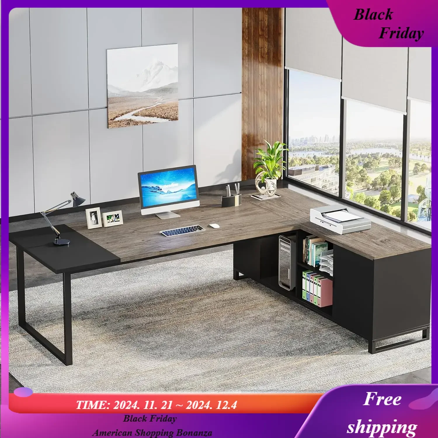 

Executive Desk with Cabinet, Industrial L Shaped Computer Desk with Storage Shelves and Cabinet, Large L Shaped Executive Desk