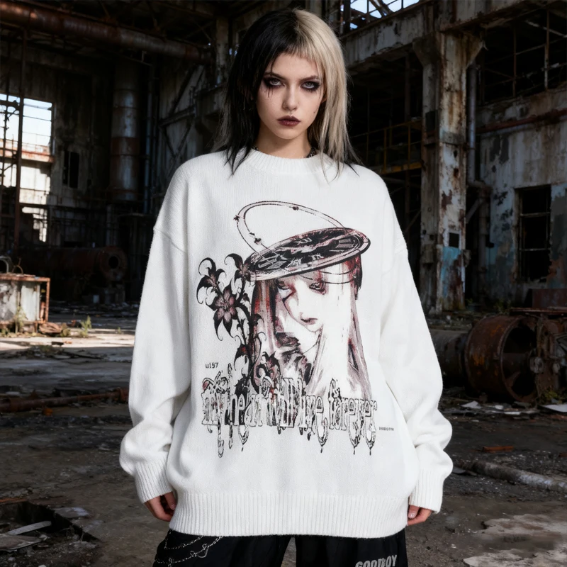 

Нейтральный готический черный аниме-свитер с цветами для девочек «Наш сердца будут живым навсегда», большой свитер с принтом для мужчин и женщин, эмо-панк, эстетический