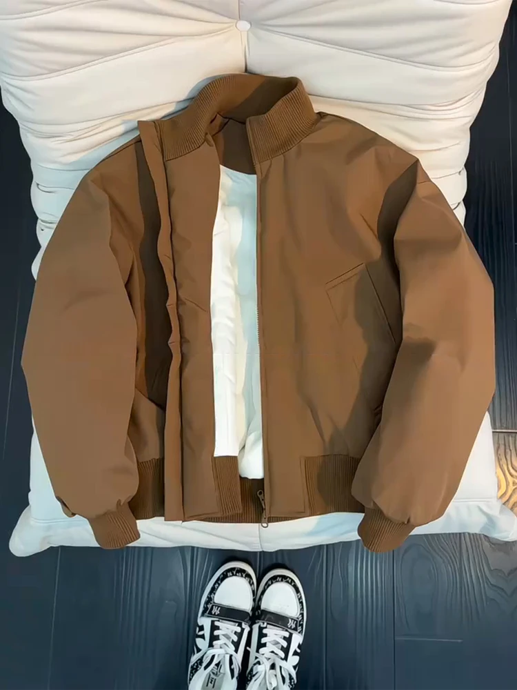Thickened Brown down Cotton Jacket Men's Winter Warm Stand Collar Short Flight Coat American Style Outerwear Youth Trend