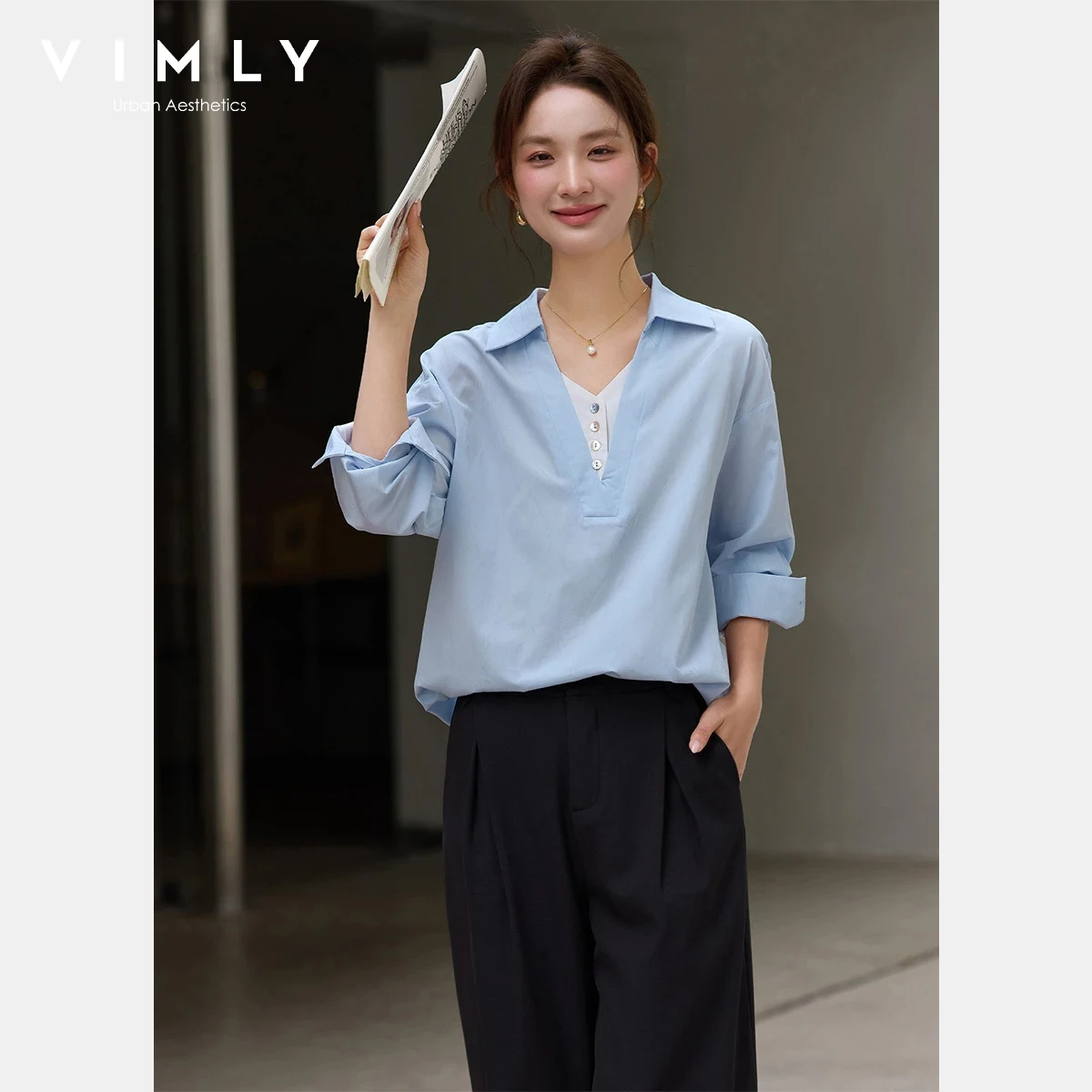 

VIMLY Minimalist Women's Shirt 2026 Spring New Commute Faux Two-Piece Color Block Turn-Down Collar Loose Casual Blouse 30692
