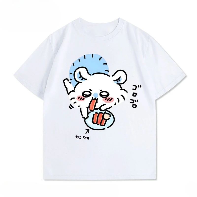 Cute Kawaii Chiikawa Crab Eating Graphic T-Shirt Unisex Oversize Loose Cotton Summer Top for Men Women