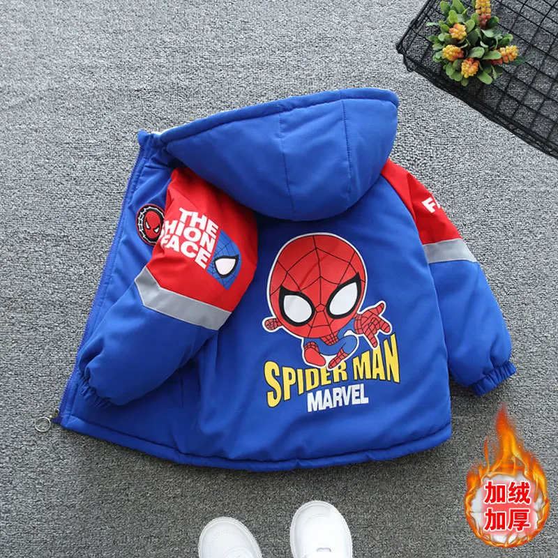 Boys Spiderman Cartoon Hooded Coat Autumn Winter Thicken Keep Warm Jacket Kids Long Sleeve Cotton Outerwear Children's Wear