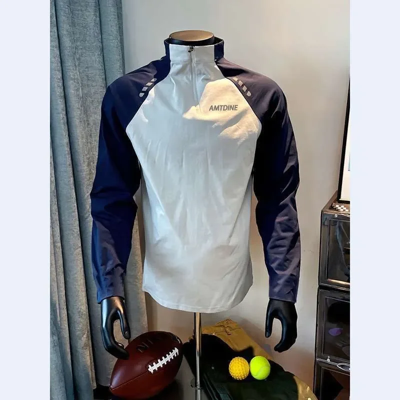 Fuor Seasons Punk Style Fitness Raglan Sleeve Long Sleeves T-Shirts Men Half Zipper Quick Dry Cootrast Color Motion Casual Tops