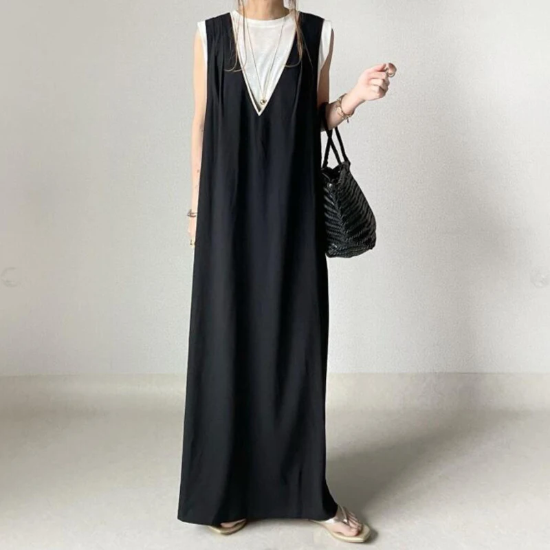 2023 Summer New Fresh Sweet Japan Korean Style Solid Deep V Cross Back Sleeveless Women Long Dress Vestidos De Mujer Harajuku