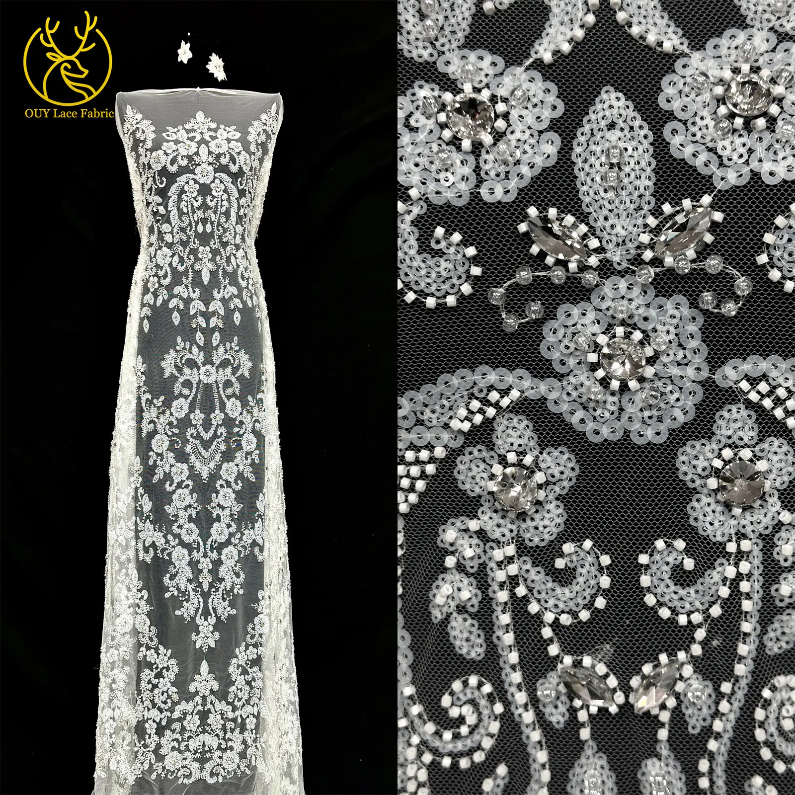 Nigerianisches weißes Hochzeitskleid Tüll-Mesh-Spitzenstoff Hochwertiger französischer Stein-Spitzenstoff Afrikanischer Perlen-Pailletten-Spitzenstoff – Detail 17