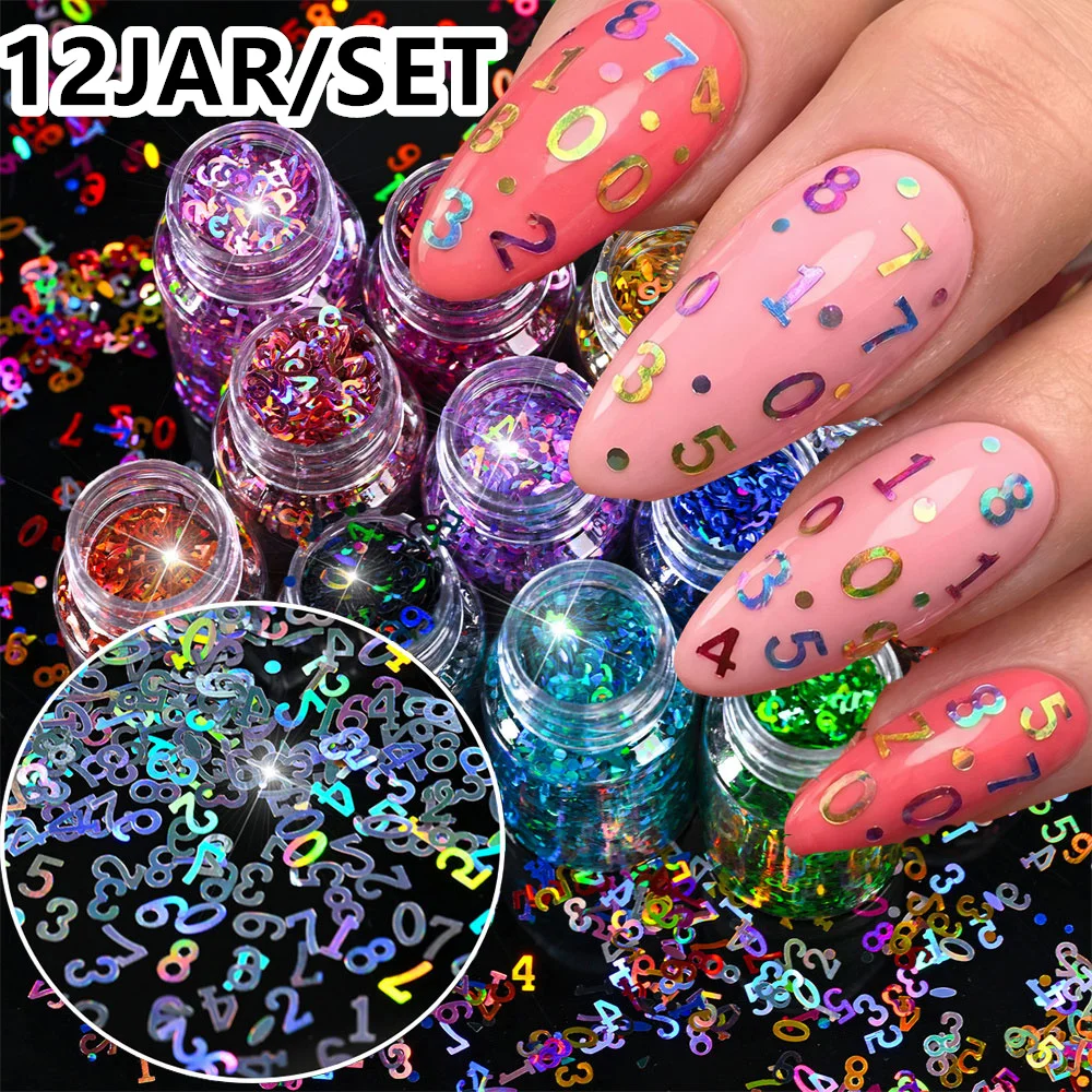 12 Jars Holographic 0-9 Number Nail Glitter Sequins Set Laser Rainbow Digital Nail Confetti Flakes 3D Number Nail Art Decoration