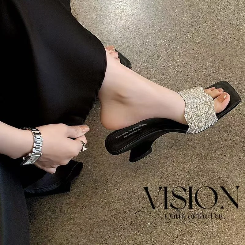 2026 new summer women sandals natural leather 22-25cm sequin fabric+sheepskin+pigskin open toe mules high heel women slippers
