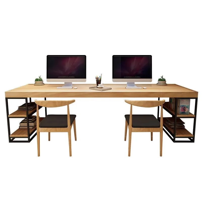 

Solid wood double desktop computer desk, home log desk against the wall, game e-sports work desk