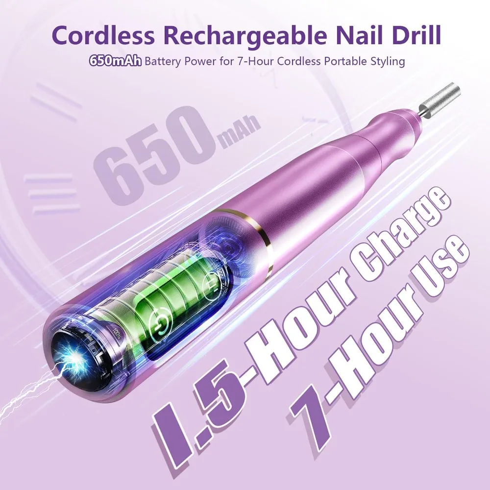 Cordless Nail Drill Electric File Kit, Rechargeable Efile Set, Portable Acrylic Gel Nail Polish Remover, 11 Bits, 56 Sanding Bands, Purple