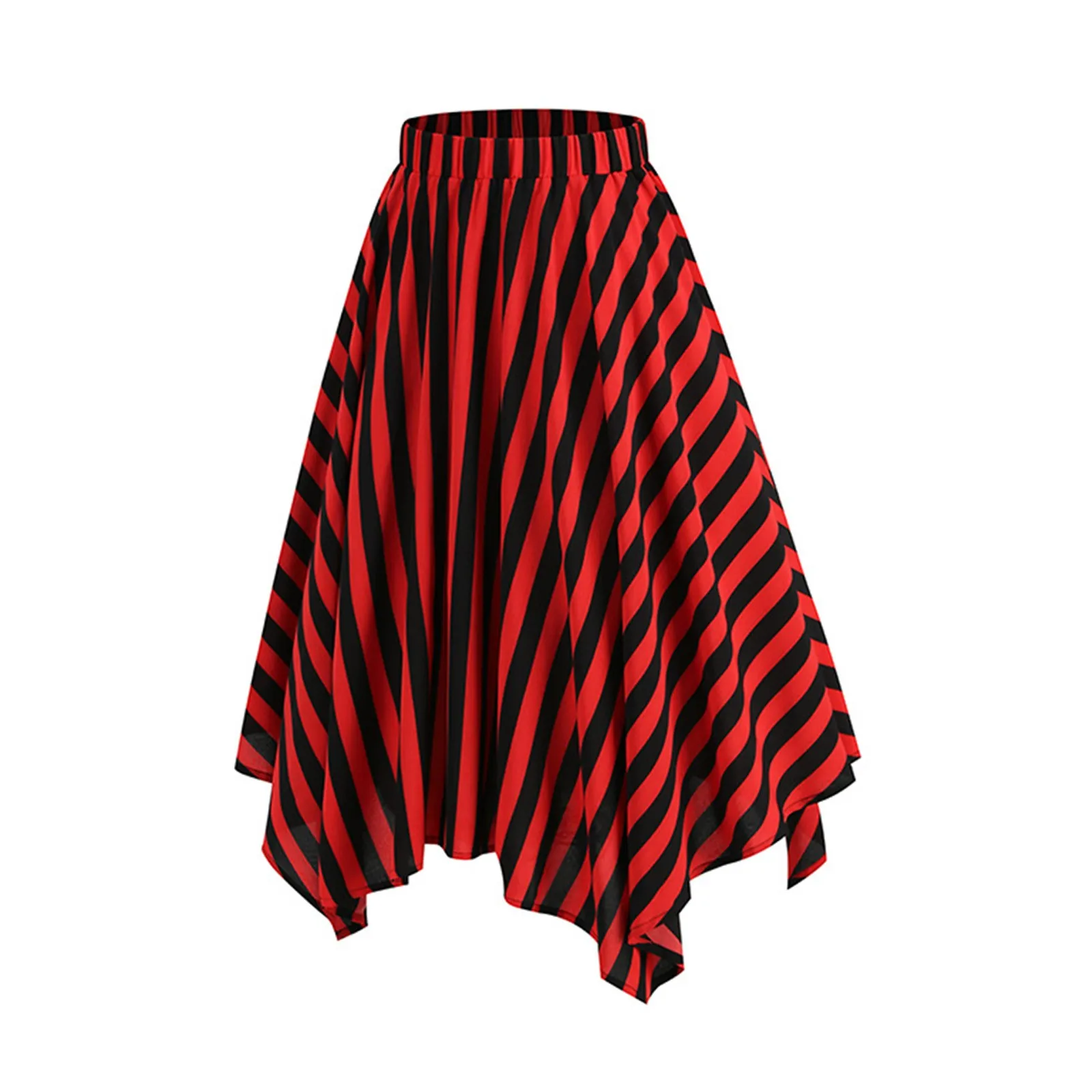 Halloween Fashion Skirt Black Red Color Block Stripe Half Skirt Women's Irregular Hem Elastic Waist Cosplay Costume With Belt