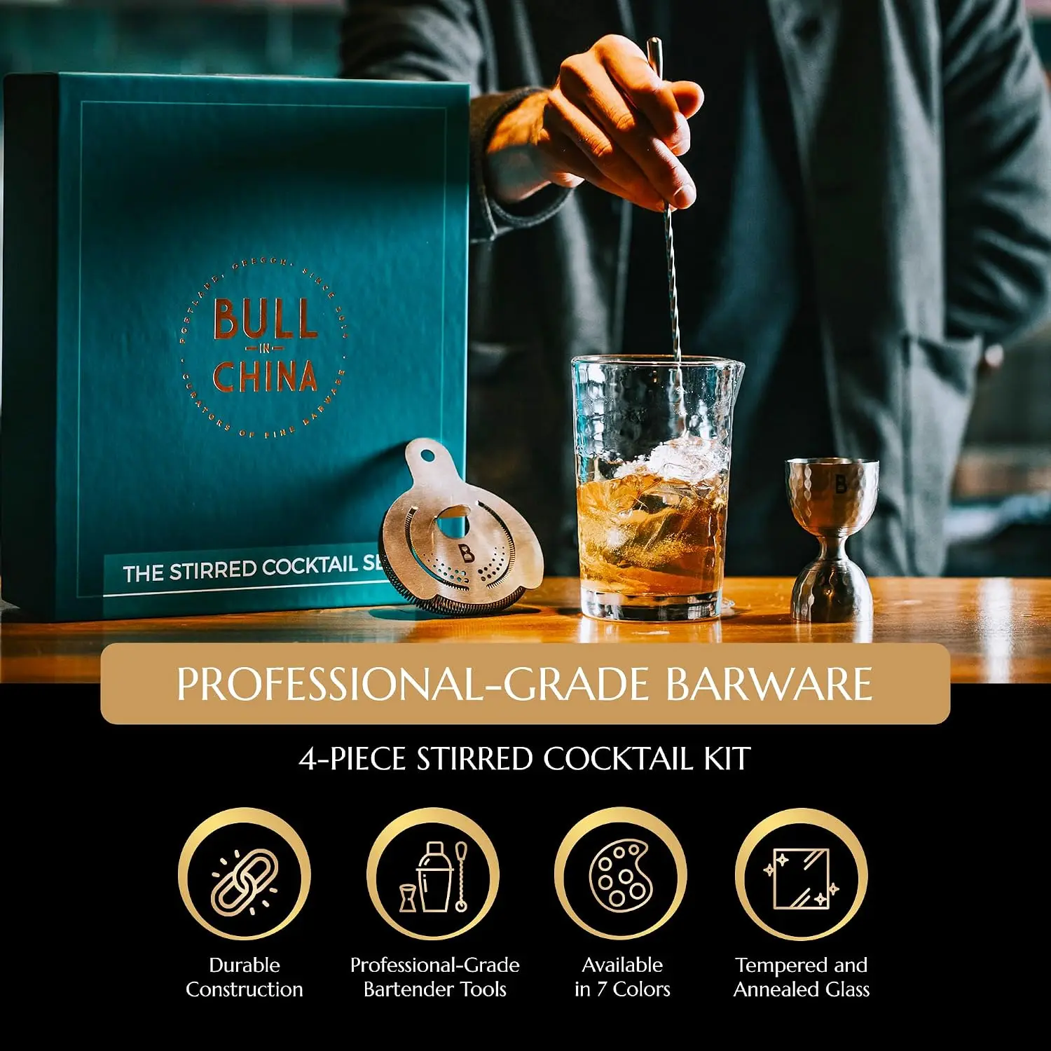 4 Piece Cocktail Kit by - Premium Bartender Gift Set Includes Flagship Mixing Glass, 12 inch Barspoon, Bell Jigger & Hawthorne S