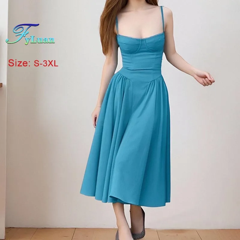 2025 Spring New Women Dress Elegant French Style Suspender Dress Retro High-Waisted Solid Color Long Dress Lady Prom Party Gowns
