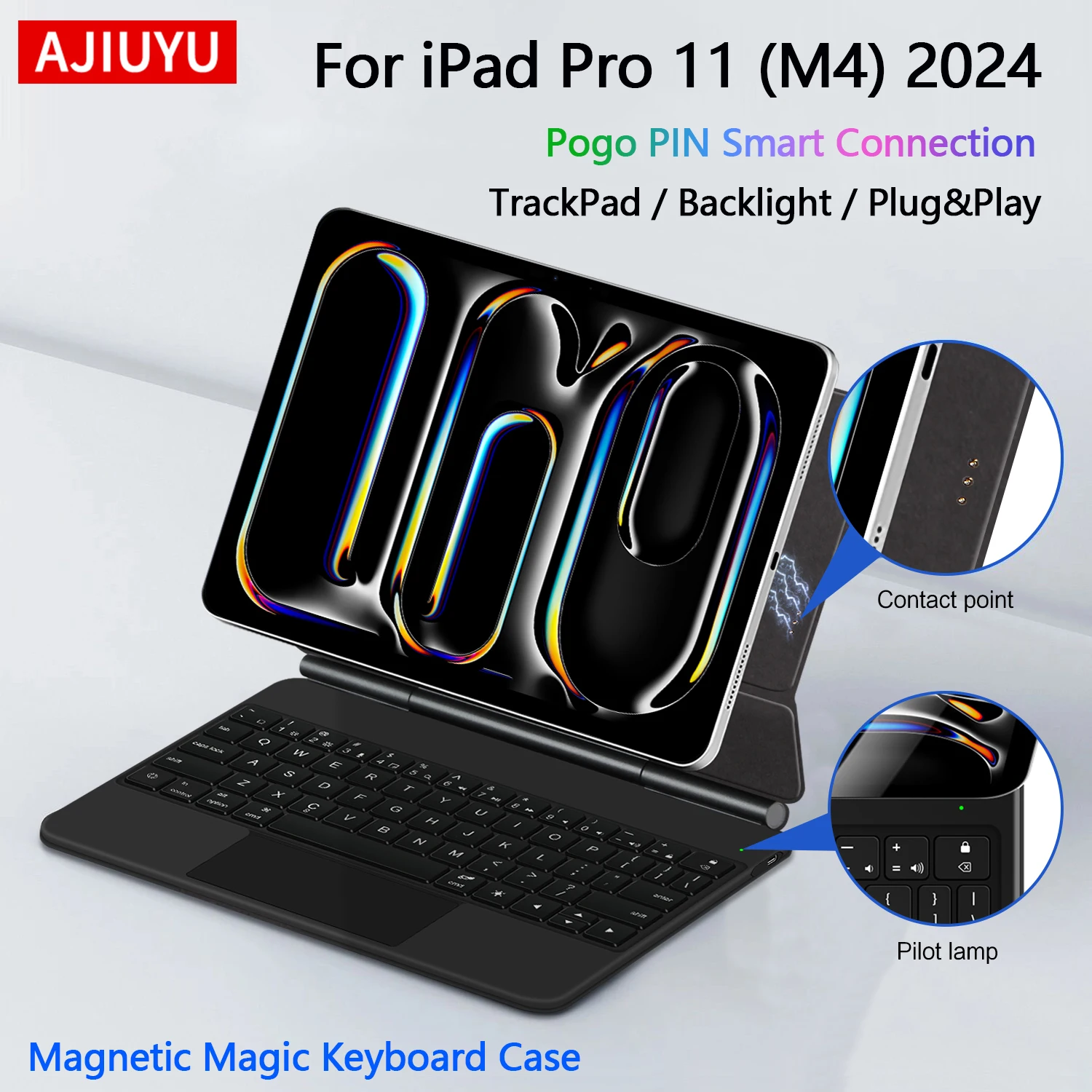 

AJIUYU Smart PIN Plug&Play Magic Keyboard Case for iPad Pro 11 M4 2024 A2836 Multi-touch TrackPad Keyboard Reverse Charging