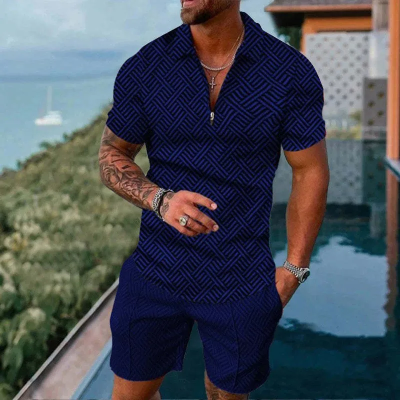 

Men's cross grain T-Shirt Set Casual Mesh Lapel Short Sleeve Pullover Tops+Shorts 2-Piece shirt Suits 2pcs Sets