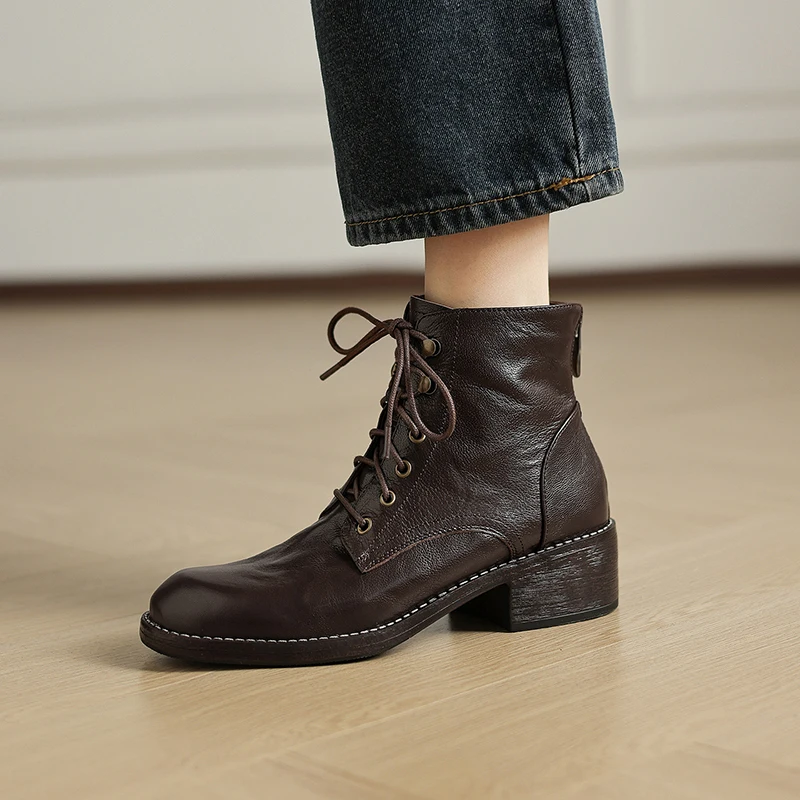 Genuine Soft Sheepskin Women Ankle Boots Retro Vintage Lace Up Combat Boots 4cm Low Block Heel Back Zipper Autumn Winter Boots