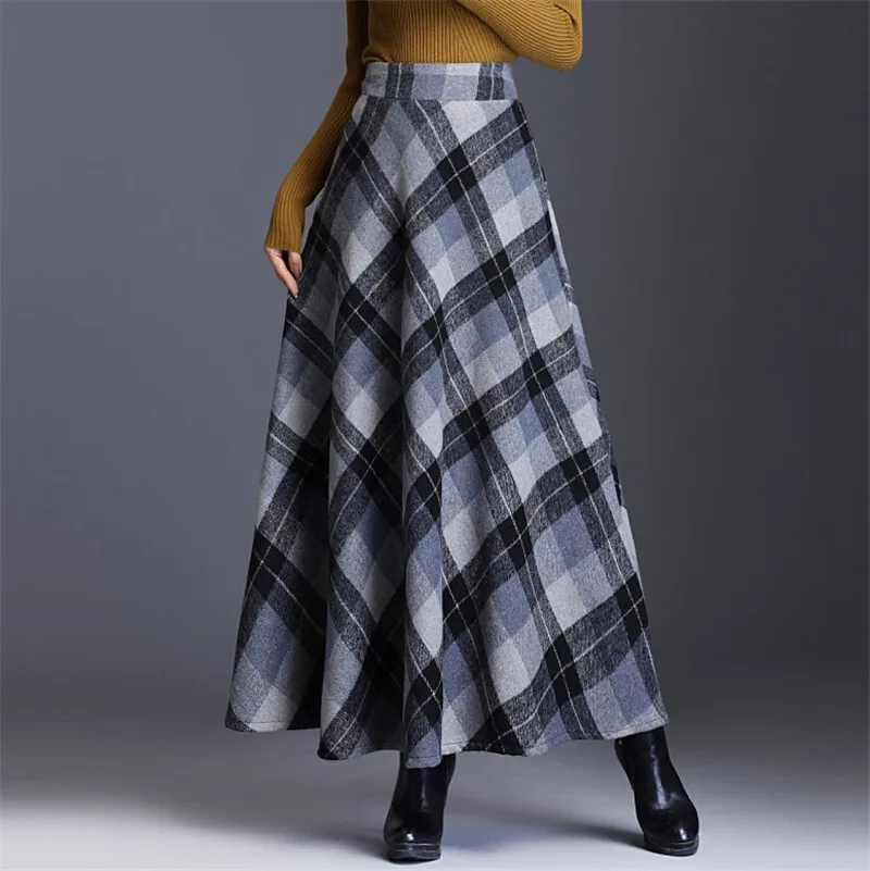

2025 Autumn Winter New Plus Size Woolen Midi Skirt High Waist Color Block Plaid Flared Skirt Summer Dress Robe Vestido Women