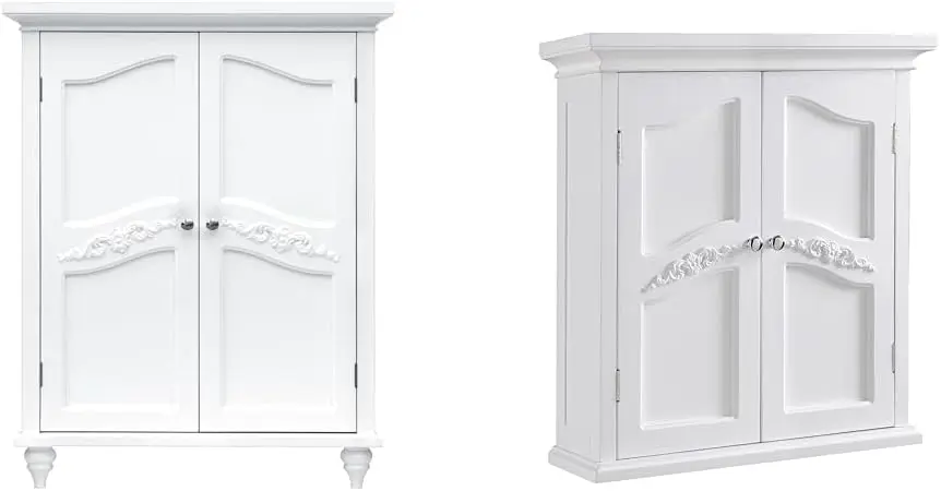 Versailles Wooden Floor Storage Cabinet and Wall Cabinet with Adjustable Shelves and Floral Scroll Doors, White