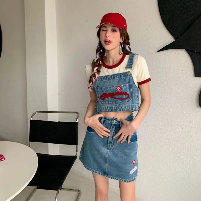 

Academy Spicy Girl Cowboy Camisole Vest T-shirt Skirt Three Piece Set Women Print Contrast Color Patchwork Sweet Fashion Suit