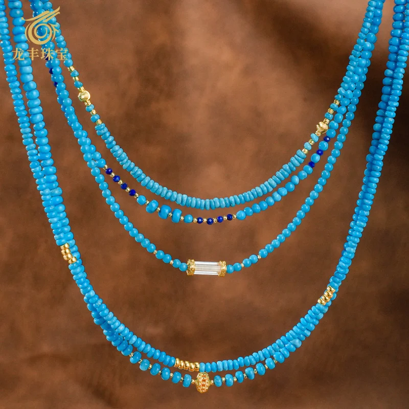 

18K Gold Necklace with Natural Turquoise and Small Rice Beads, Clavicle Chain