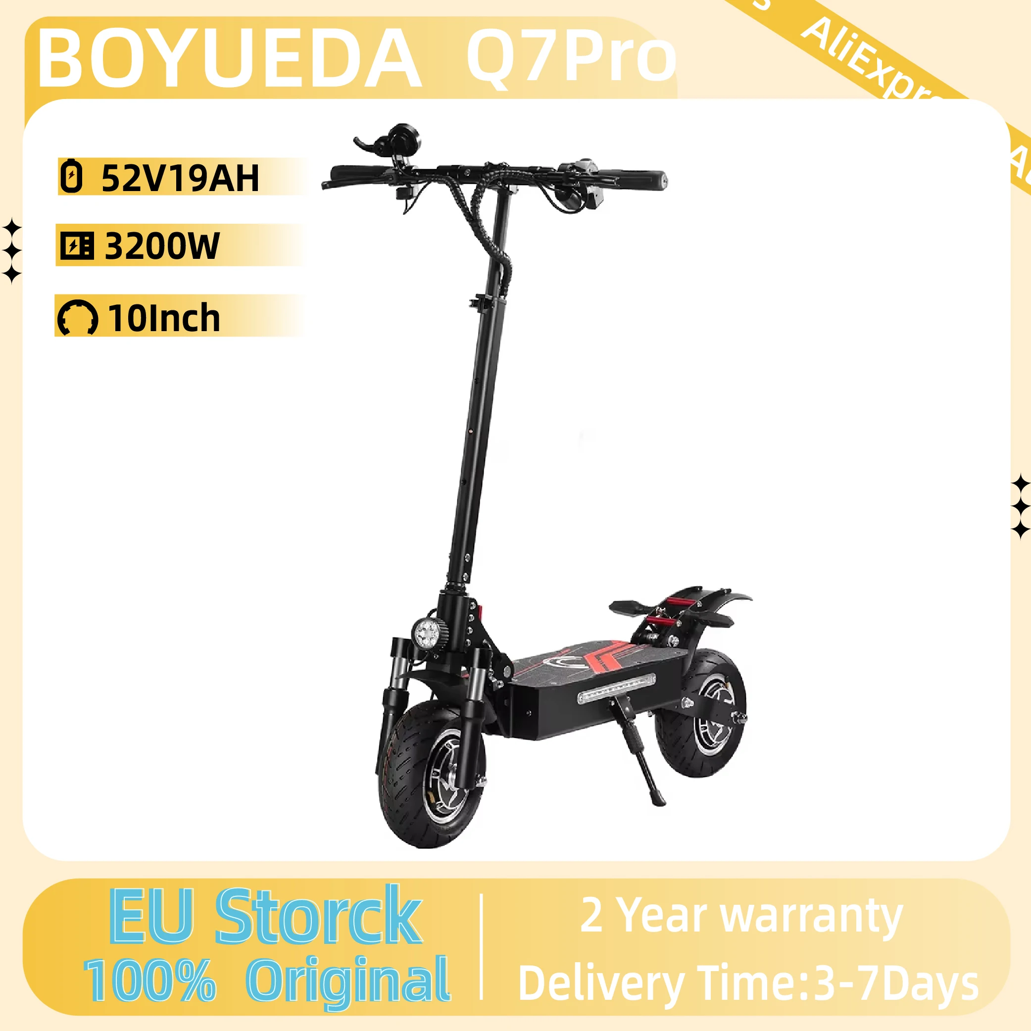 Trottinette électrique BOYUEDA Q7PRO 3200W à double moteur 52V19AH pliable avec pneus de 10 pouces, vitesse maximale de 70 km/h, autonomie de 70 km avec siège