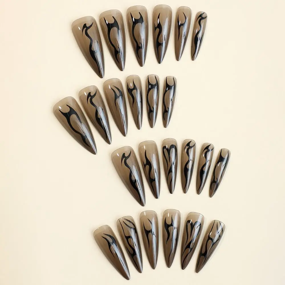 

Long Stiletto False Nails French Full Cover Fake Nails Mechanical Silver Black Vine Detachable Press on Nails Women Girls