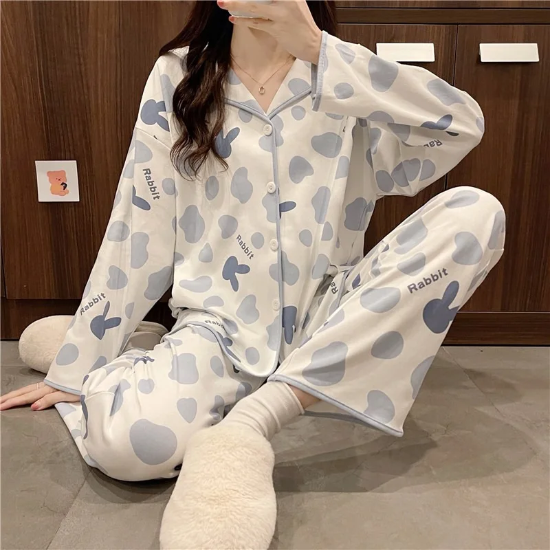 Ladies Pajamas New Long-Sleeved Homewear Female Spring and Autumn Thin Cardigan Suit Cartoon Cute Sweet Girl Student Homewear