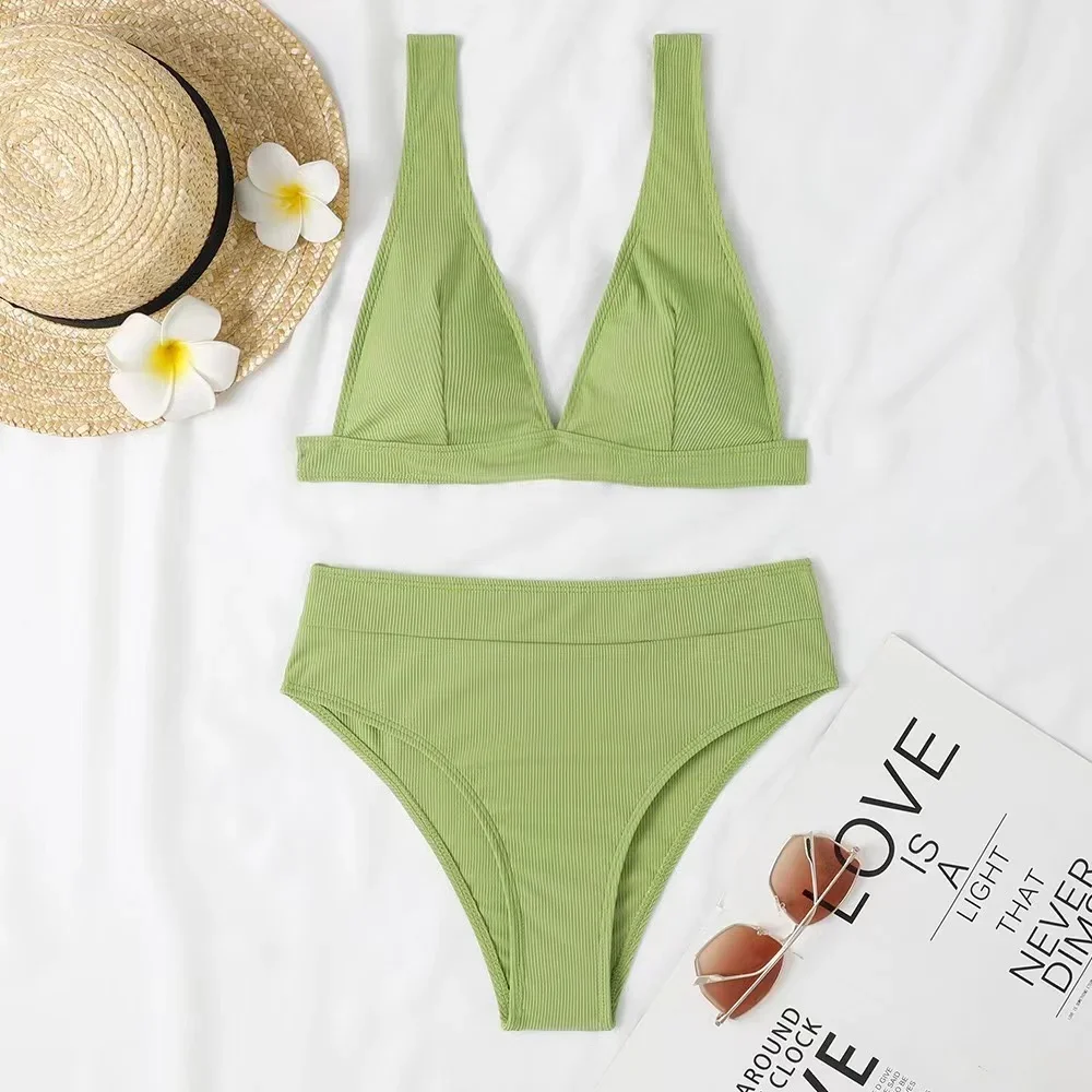 2024 Solid Small Pit Stripe High Waisted V-Neck Bikini Women Sexy Split Swimming Female Ribbed Two-Pieces Beach Swimsuit Suits