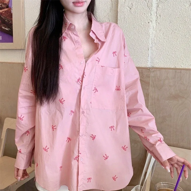 

Pink Sweet Bow Printed Women's Shirts Streetwear Loose Oversized Long Sleeve Shirt Jacket Korean Fashion Buttons Chiffon Blouses