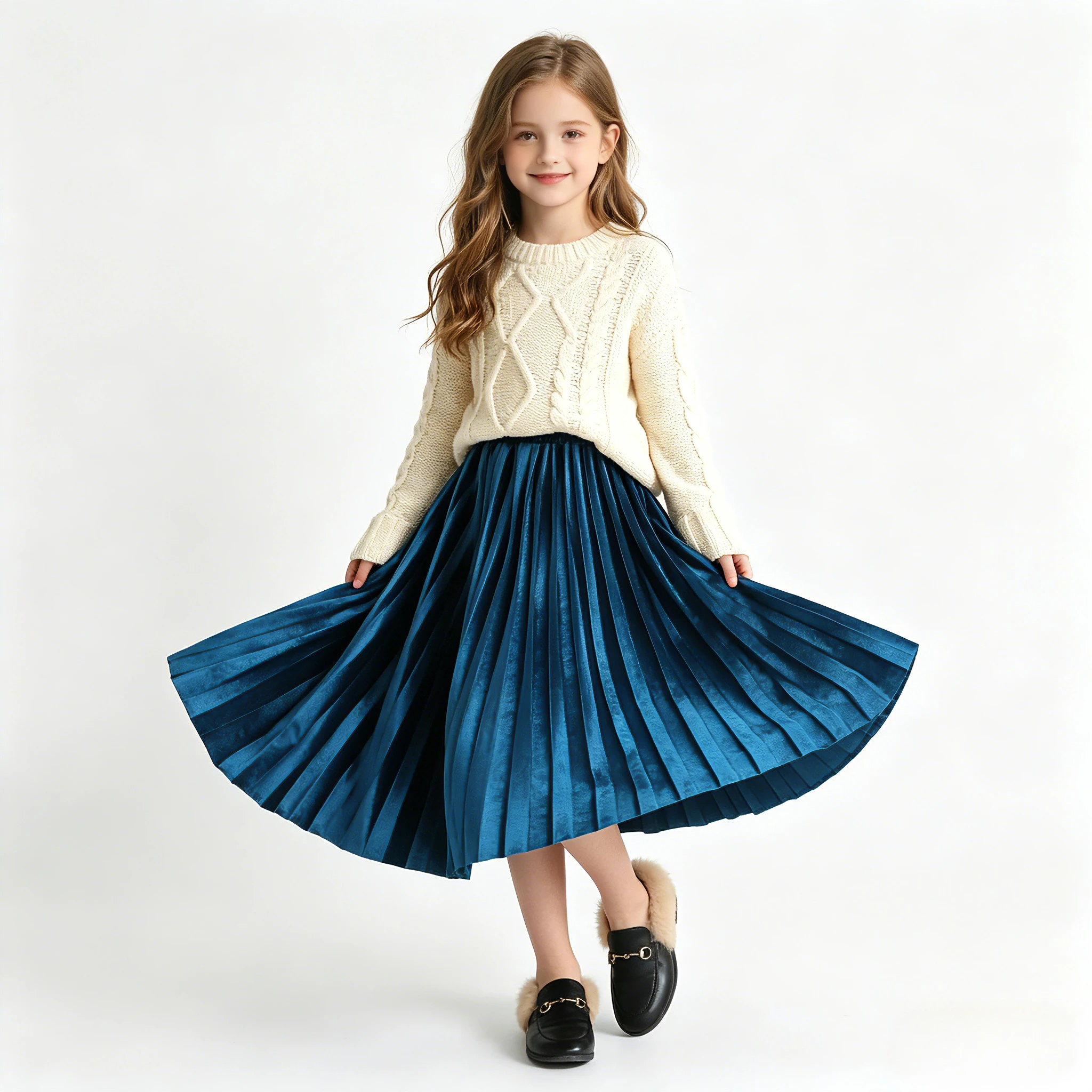 Girls High Waist Velvet Pleated Long Skirt Elastic Waist A Line Maxi Skirt Elegant Formal Party Skirt for Kids Winter Daily Wear