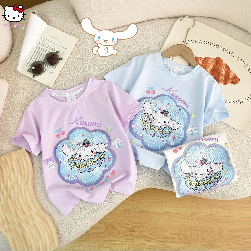 Cinnamoroll Sanrios Kids Short Sleeved Melody Kuromi Cartoon Anime T-Shirt Summer Tops Breathable Youngsters Sequin Short Sleeve