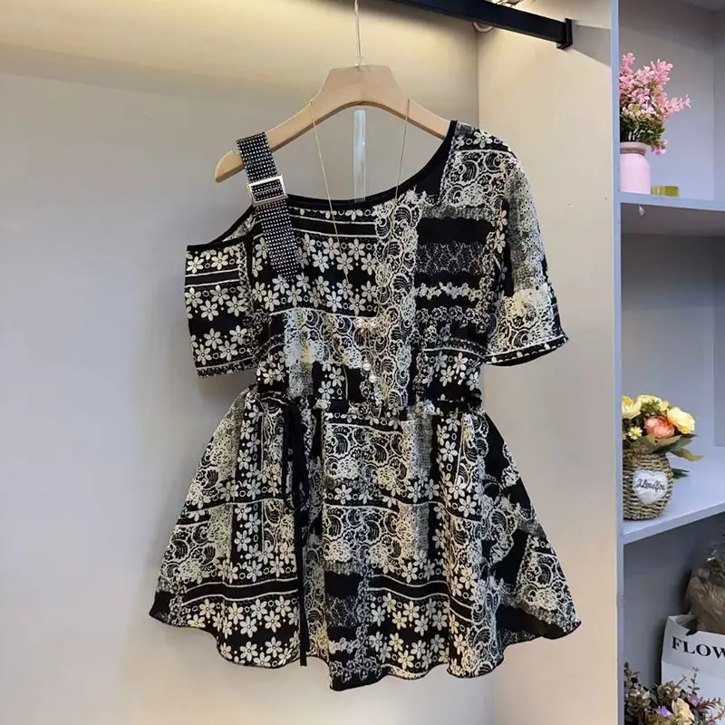 

Summer New Drawstring Off Shoulder Print Vintage Tops Short Sleeve Loose Plus Size Elegant T Shirts Casual Fashion Women Clothes