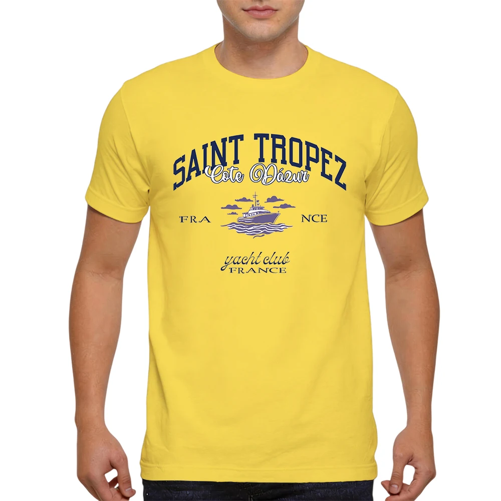 Mens 100% Cotton T Shirt Saint Tropez Cote dAzur Yacht Club Vintage Nautical Print Breathable Short Sleeve Casual Daily Tee