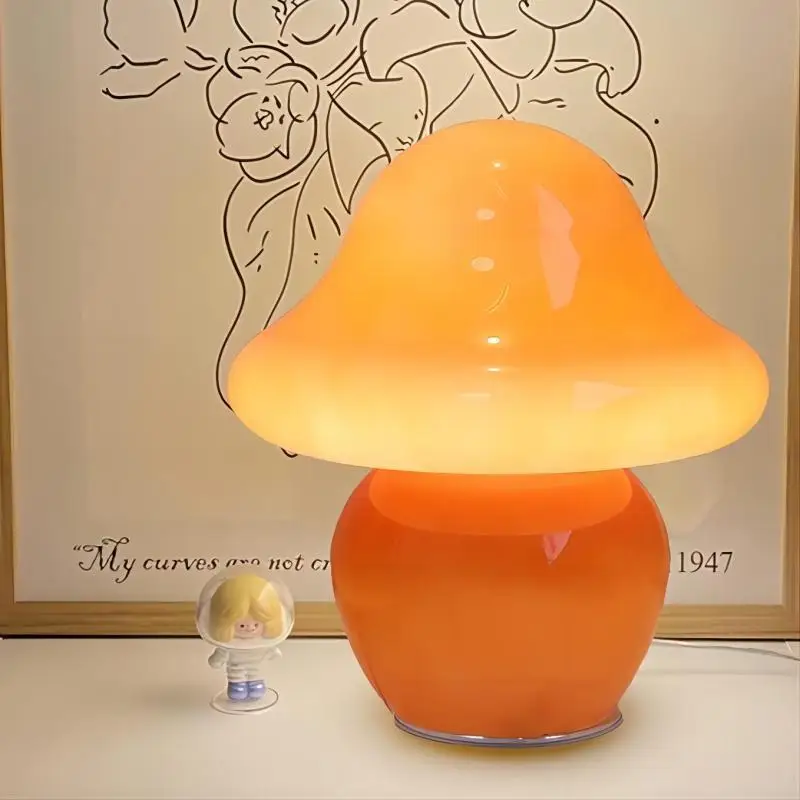 

LED Rechargeable Mushroom Table Lamp American Retro Creative Touch Glass Night Light Bedroom Bedside Decoration Lighting