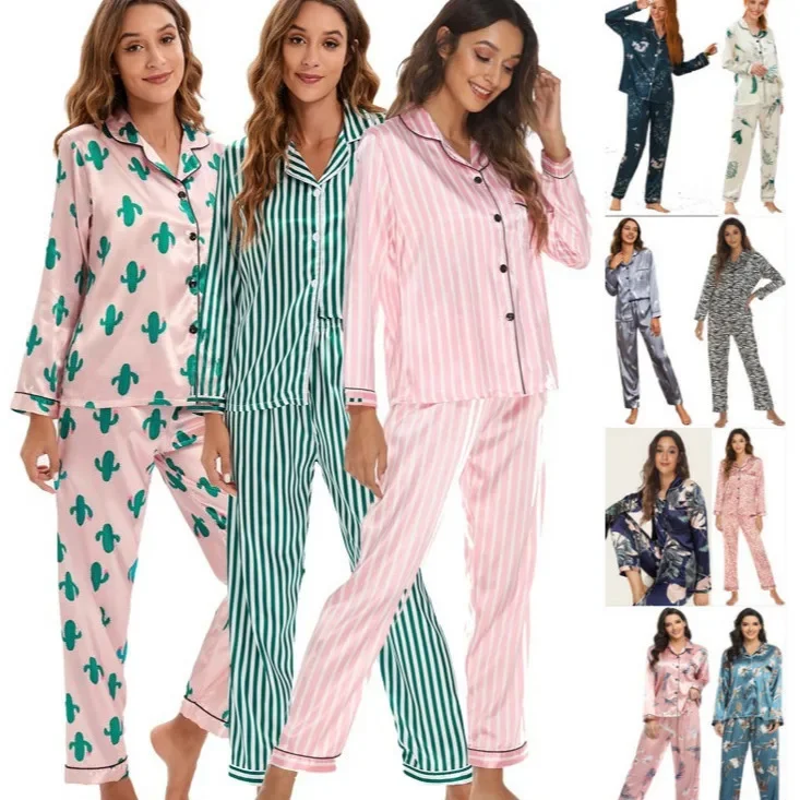 

Set Pajama Long Trousers Pjamas for Women Home Wear Suit Multi Colors Satin Cardigan Shirt Tops with Long Pants Pijamas De Mujer