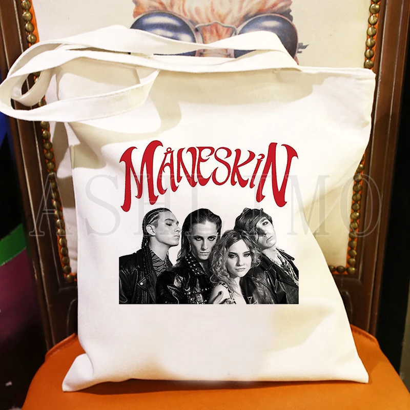 Maneskin-Bolso de compras con estampado de letras para mujer, bolsa de lona, informal, de gran capacidad, estilo Harajuku, Vintage