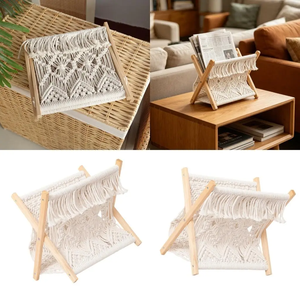 Wooden Frame Flexible Reading Shelf Featuring Twisted Cotton Cord Great For Publications And deck 26x18x32cm high quality