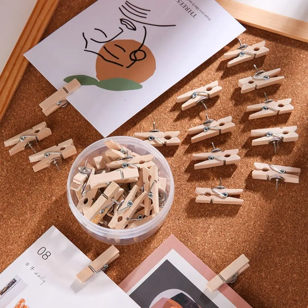 20Pcs/Box Creative Wooden Clip Push Pins Reusable DIY Pushpins with Clips Convenient with Box Blackboard Push Pins Wall Markers