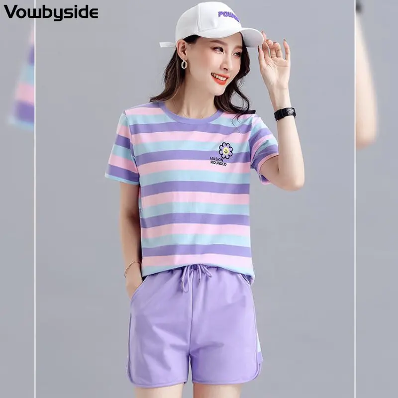 Summer Casual Women's Set Pajamas Set Striped Round Neck Short Sleeve T-Shirt Elastic Waist Shorts Sleepwear Home Suits