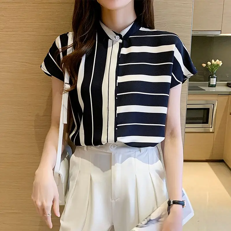 Summer Shirts & Blouses For Women With Short Sleeve Striped Economic Original Hot Woman Top Elegant 2024 Youthful Aesthetic M S