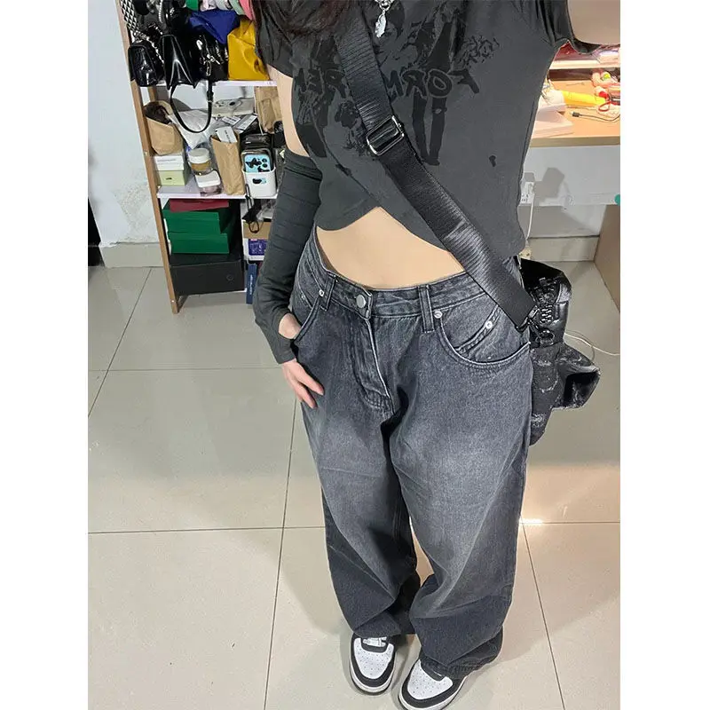 Female Streetwear Denim Trousers Y2k High Straight Jeans Women Vintage 90S Waist Loose Wide Leg Casual Long Pants Clothing