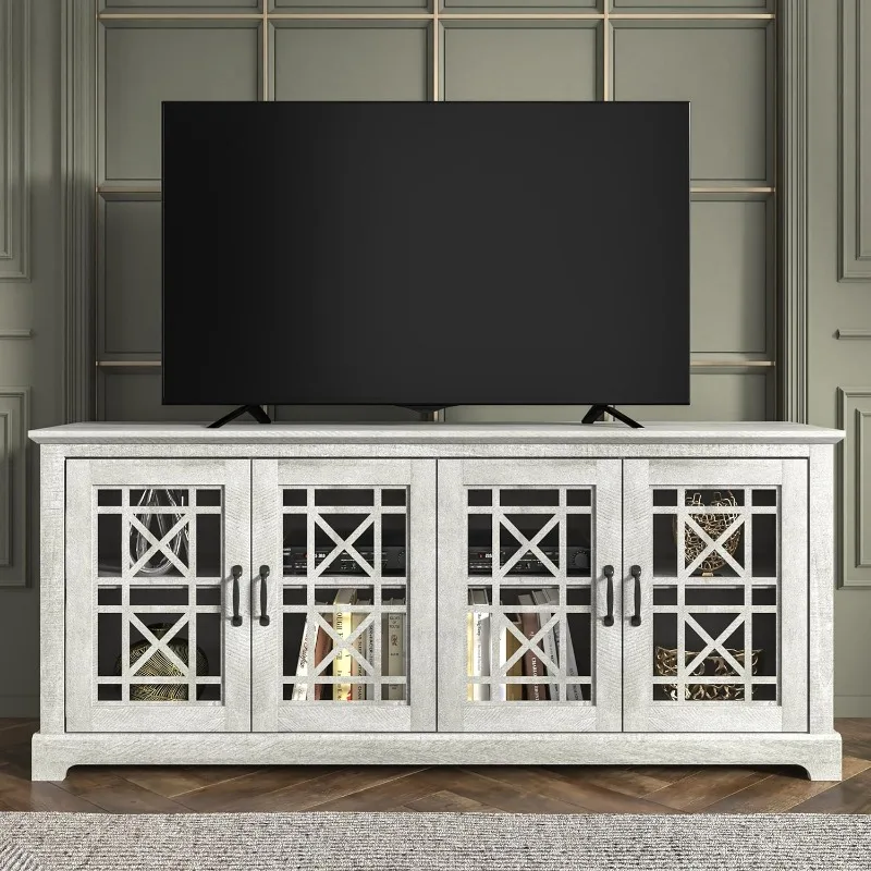 

TV Stand for up 75 Inch TV, Tall Rustic Entertainment Center with Rustic Style, Transparent Doors, Adjustable Shelves