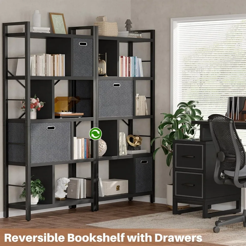 Tall Bookshelf with Drawers - 5 Tier Bookcase Modern Book Shelf Display Standing Shelf Units with Storage, Wood