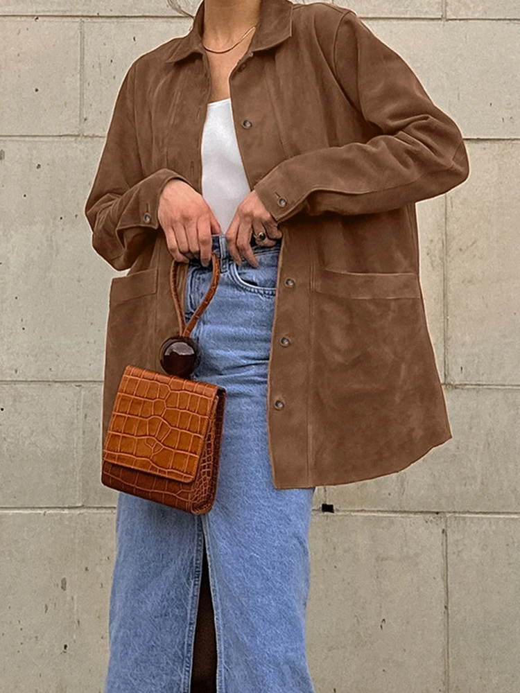 

Mumaroho 2024 Winter Autumn Women Suede Jacket Solid Brown Long Sleeve Tops Outwear Coat For Women