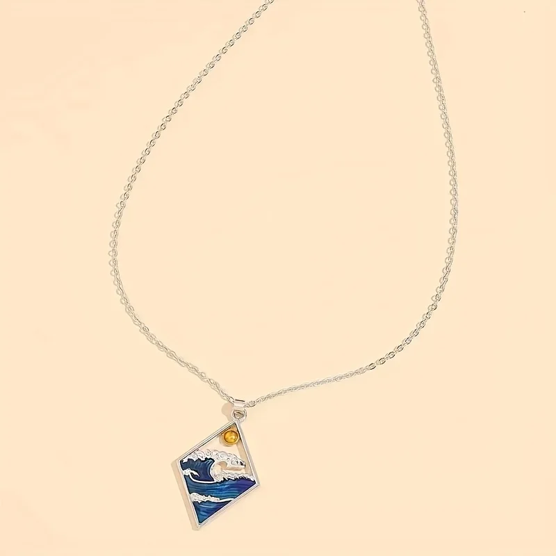 Personalized blue wave sun rhombus pendant necklace, suitable for women's marine summer style neck accessories