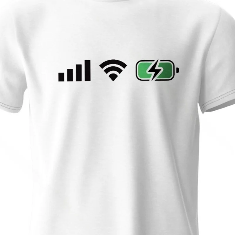 Camiseta con estampado de batería WiFi de señal, camisetas gráficas tecnológicas de gran tamaño 100% algodón para homb
