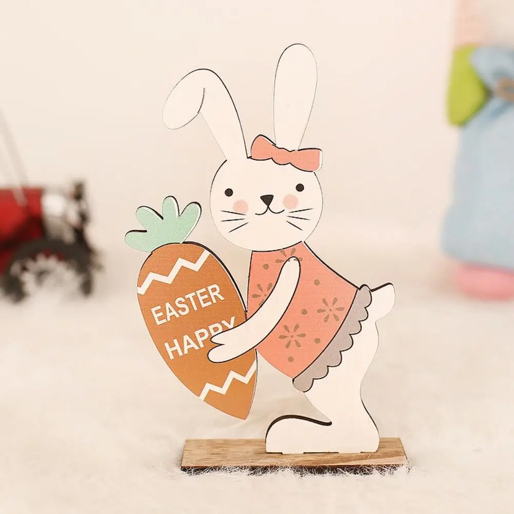 Funny Wood Crafts Easter Rabbit Ornaments Cute Cartoon Carrot-holding Rabbit Figurine DIY Painted Rabbit Ornaments Holiday