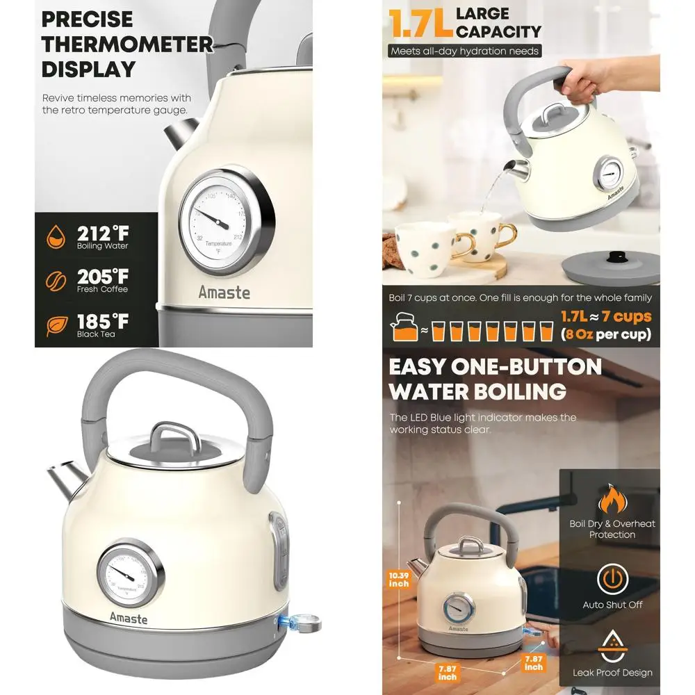 

Retro-Style 57 Oz Stainless Steel Electric Kettle with Thermometer, 1500W Fast Boil, Auto-Off & Dry Protection, Cream White