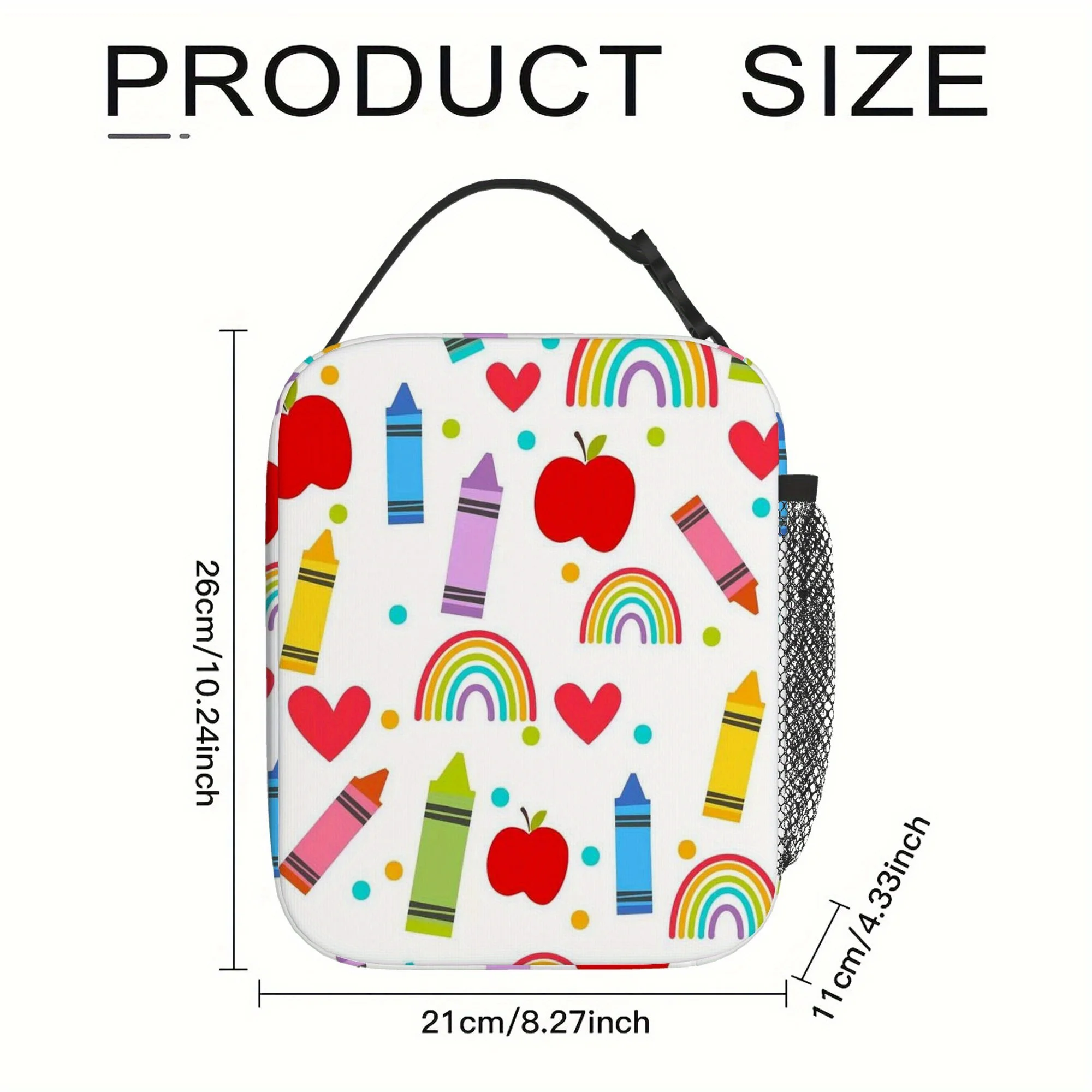 Rainbow Crayons Apples And Hearts Insulated Lunch Bag Portable Reusable Lunch Box Thermal Cooler Tote Bag With Pockets Gift