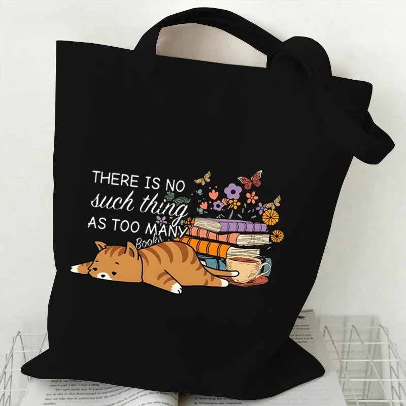 Cat and Floral Book Pattern Tote Bag donna semplice borsa a tracolla in tela Cartoon Kitten Shopping Bag studente Fashion Y2K Handbag