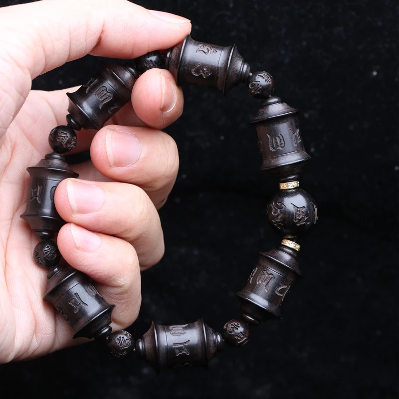 Natural Ebony Tibetan Prayer Wheel Handmade Bracelet Wooden Beads Six-Character Mantra Gift Zen Decoration